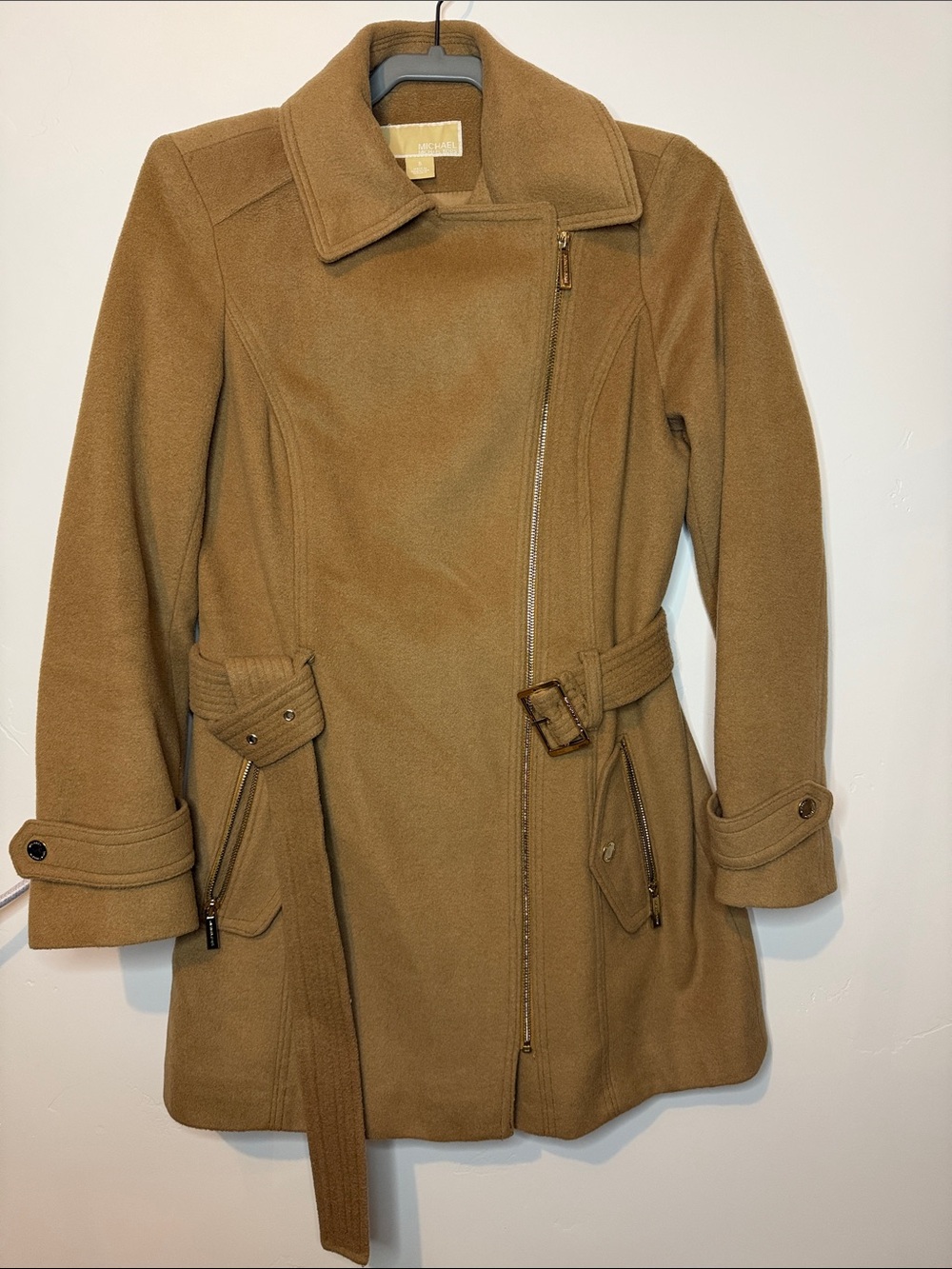 MICHAEL Michael Kors Camel Asymmetrical Belted Wool-Blend Trench Coat